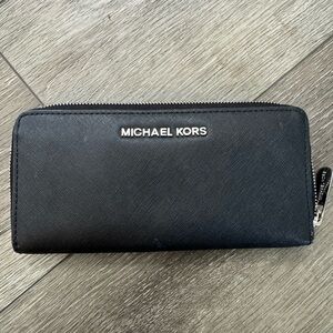 Michael Kors Black Saffiano Zip Wallet with Silver Logo